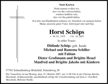 Traueranzeige von Horst Schöps von Tageszeitung
