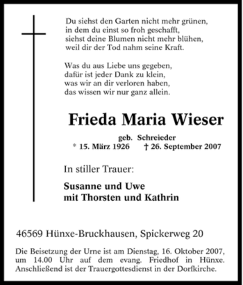 Traueranzeige von Frieda Maria Wieser von Tageszeitung