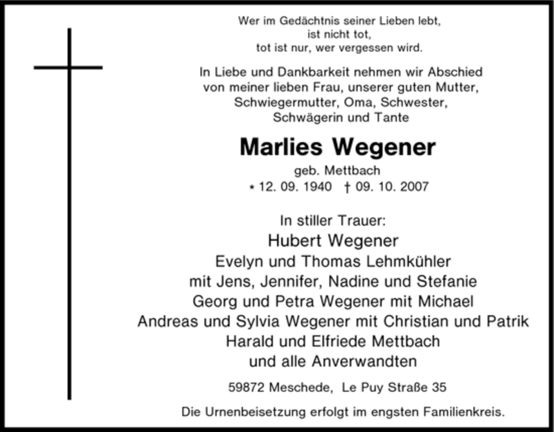 Traueranzeigen von Marlies Wegener | Trauer-in-NRW.de