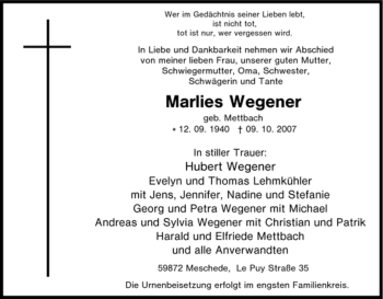 Traueranzeige von Marlies Wegener von Tageszeitung