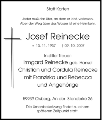 Traueranzeige von Josef Reinecke von Tageszeitung