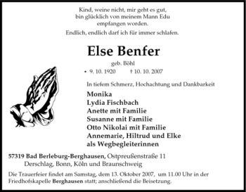 Traueranzeige von Else Benfer von Tageszeitung