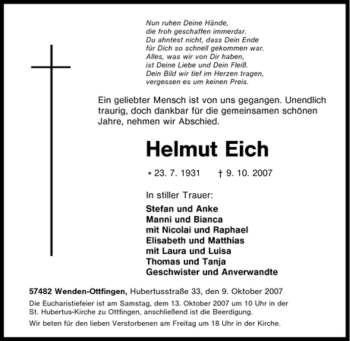 Traueranzeige von Helmut Eich von Tageszeitung