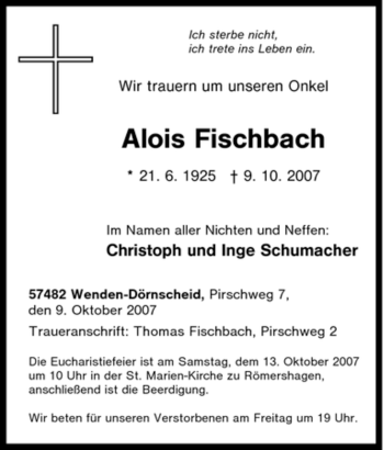 Traueranzeige von Alois Fischbach von Tageszeitung