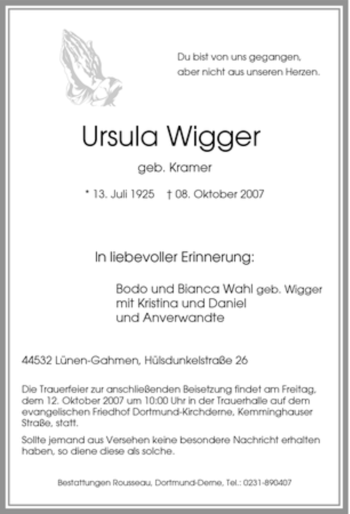 Traueranzeige von Ursula Wigger von Tageszeitung