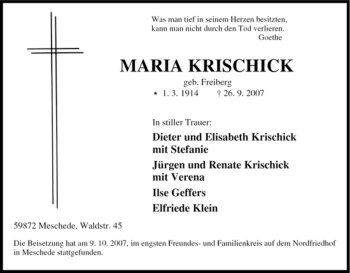 Traueranzeige von Maria Krischick von Tageszeitung