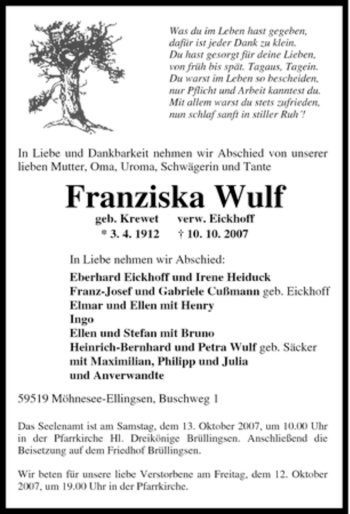Traueranzeige von Franziska Wulf von Tageszeitung