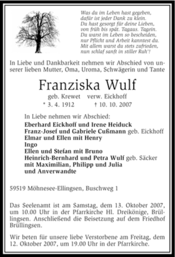 Traueranzeige von Franziska Wulf von Tageszeitung