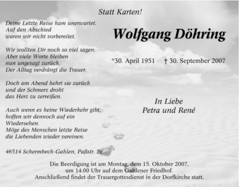 Traueranzeige von Wolfgang Döhring von Tageszeitung