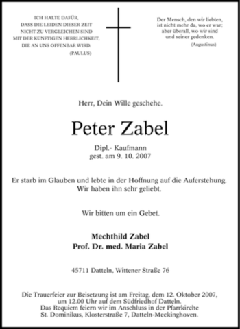 Traueranzeige von Peter Zabel von Tageszeitung