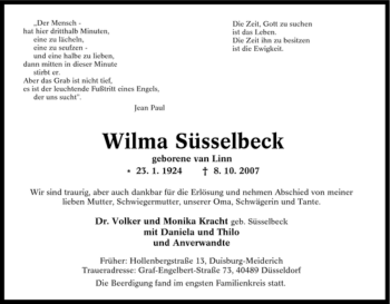 Traueranzeige von Wilma Süsselbeck von Tageszeitung