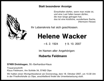 Traueranzeige von Helene Wacker von Tageszeitung