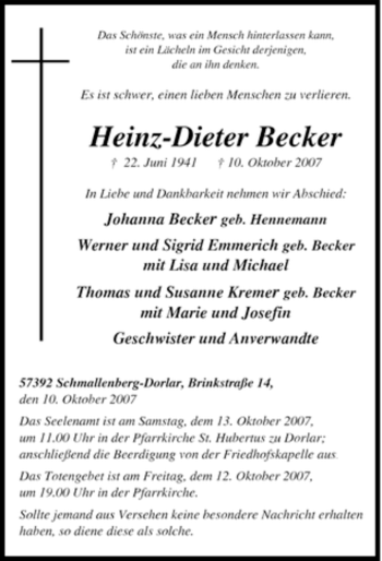 Traueranzeige von Heinz-Dieter Becker von Tageszeitung