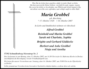 Traueranzeige von Maria Grobbel von Tageszeitung