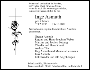 Traueranzeige von Inge Asmuth von Tageszeitung