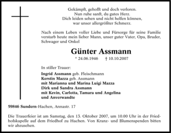 Traueranzeige von Günter Assmann von Tageszeitung