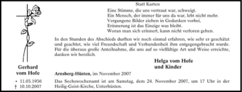 Traueranzeige von Gerhard vom Hofe von Tageszeitung