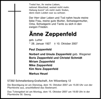 Traueranzeige von Änne Zeppenfeld von Tageszeitung