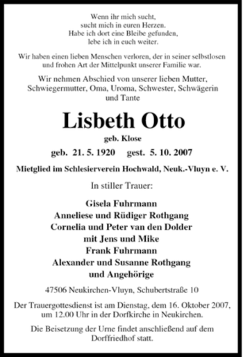 Traueranzeige von Lisbeth Otto von Tageszeitung