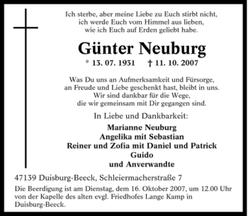 Traueranzeige von Günter Neuburg von Tageszeitung