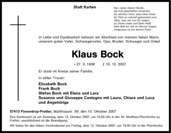 Traueranzeige von Klaus Bock von Tageszeitung