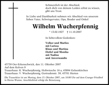 Traueranzeige von Wilhelm Wucherpfennig von Tageszeitung