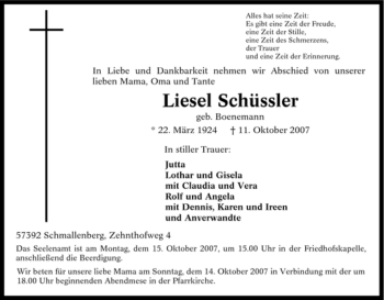 Traueranzeige von Liesel Schüssler von Tageszeitung
