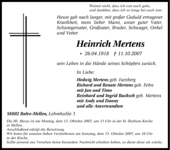 Traueranzeige von Heinrich Mertens von Tageszeitung