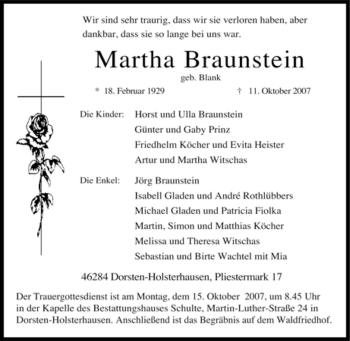 Traueranzeige von Martha Braunstein von Tageszeitung