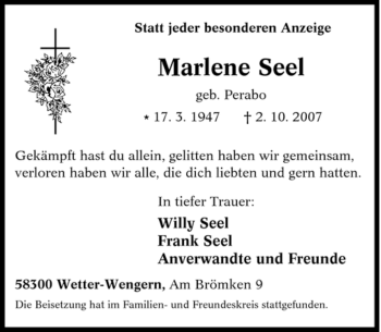 Traueranzeige von Marlene Seel von Tageszeitung