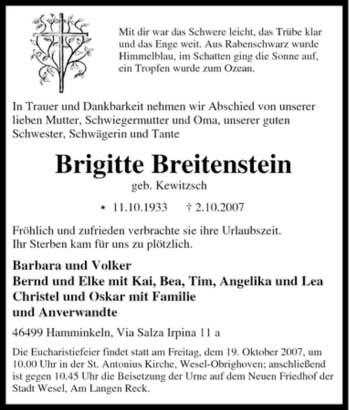 Traueranzeige von Brigitte Breitenstein von Tageszeitung