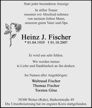 Traueranzeige von Heinz J. Fischer von Tageszeitung