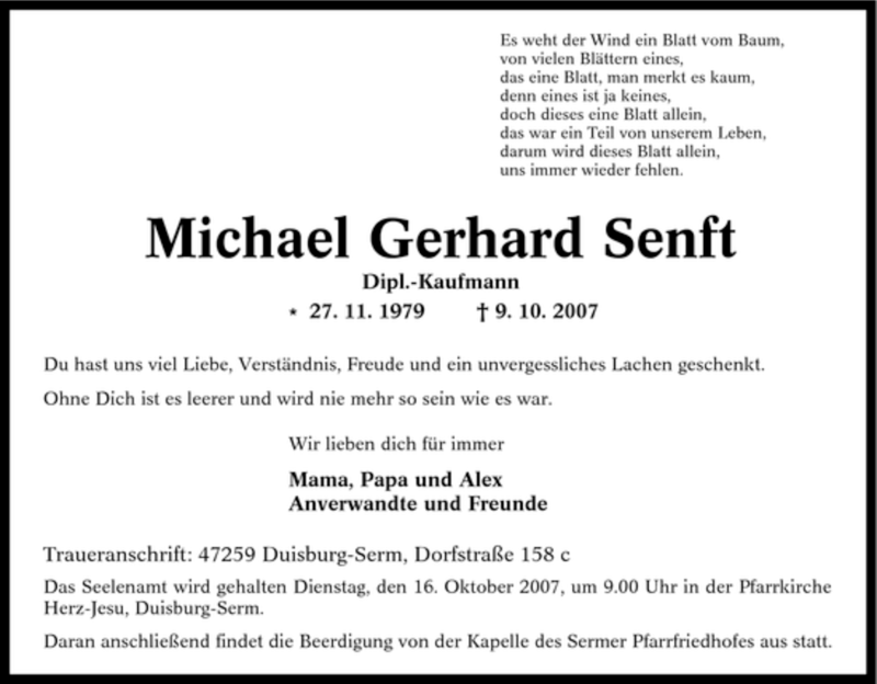 Traueranzeigen von Michael Gerhard Senft TrauerinNRW.de