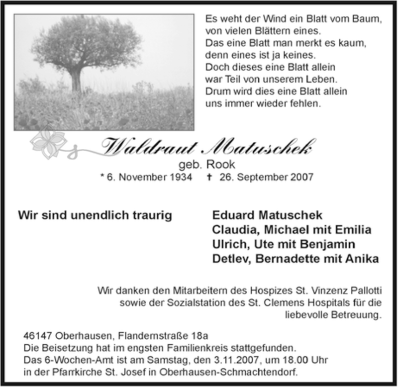  Traueranzeige für Waldraut Matuschek vom 13.10.2007 aus Tageszeitung