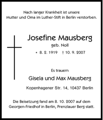Traueranzeige von Josefine Mausberg von Tageszeitung