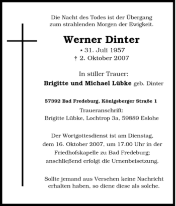 Traueranzeige von Werner Dinter von Tageszeitung