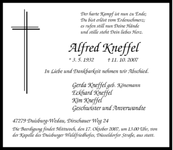 Traueranzeige von Alfred Kneffel von Tageszeitung