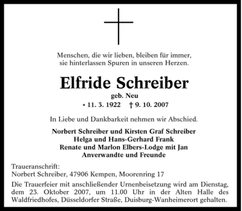  Traueranzeige für Elfride Schreiber vom 13.10.2007 aus Tageszeitung