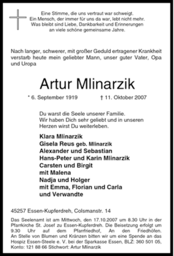 Traueranzeige von Artur Mlinarzik von Tageszeitung