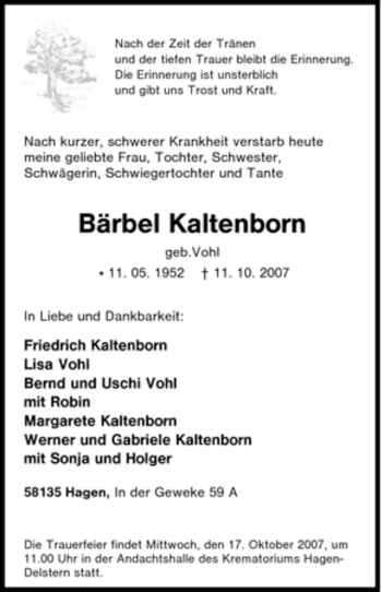Traueranzeige von Bärbel Kaltenborn von Tageszeitung
