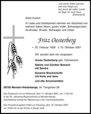 Traueranzeige von Fritz Oesterberg von Tageszeitung