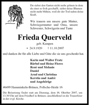 Traueranzeige von Frieda Querveld von Tageszeitung