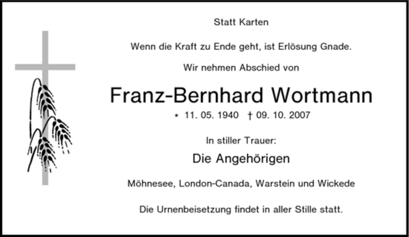  Traueranzeige für Franz-Bernhard Wortmann vom 13.10.2007 aus Tageszeitung