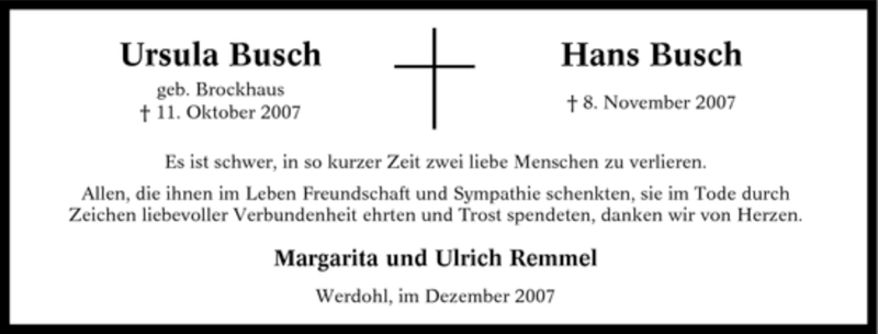  Traueranzeige für Ursula Busch vom 13.10.2007 aus Tageszeitung