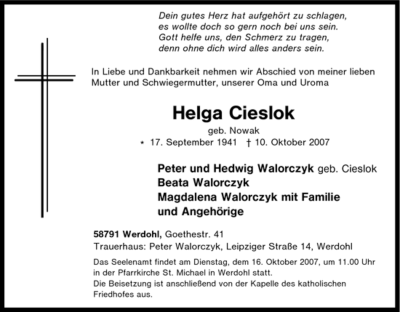  Traueranzeige für Helga Cieslok vom 13.10.2007 aus Tageszeitung