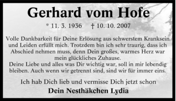 Traueranzeige von Gerhard vom Hofe von Tageszeitung