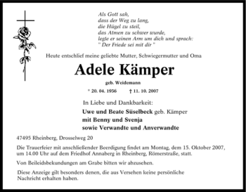 Traueranzeige von Adele Kämper von Tageszeitung