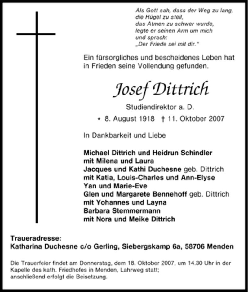  Traueranzeige für Josef Dittrich vom 13.10.2007 aus Tageszeitung