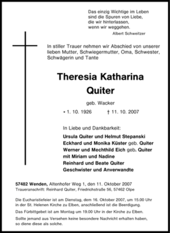 Traueranzeige von Theresia Katharina von Tageszeitung