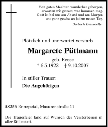 Traueranzeige von Margarete Püttmann von Tageszeitung